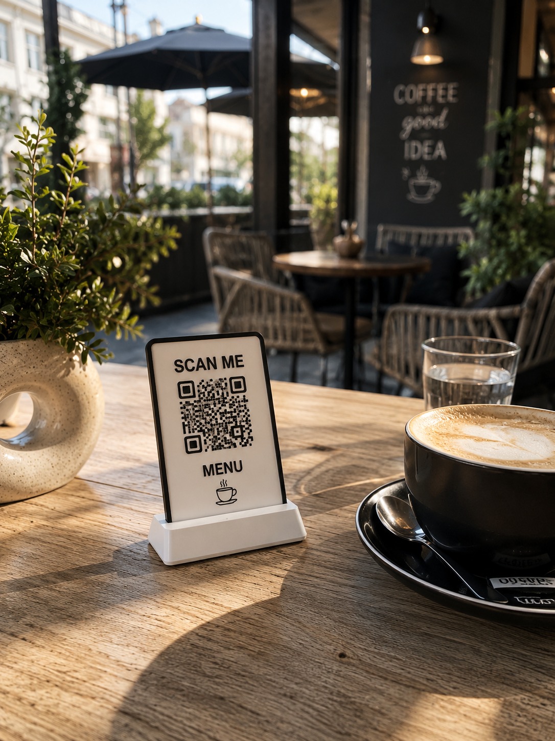 3D printana QR pločica s digitalnim menijem na stolu u kafiću