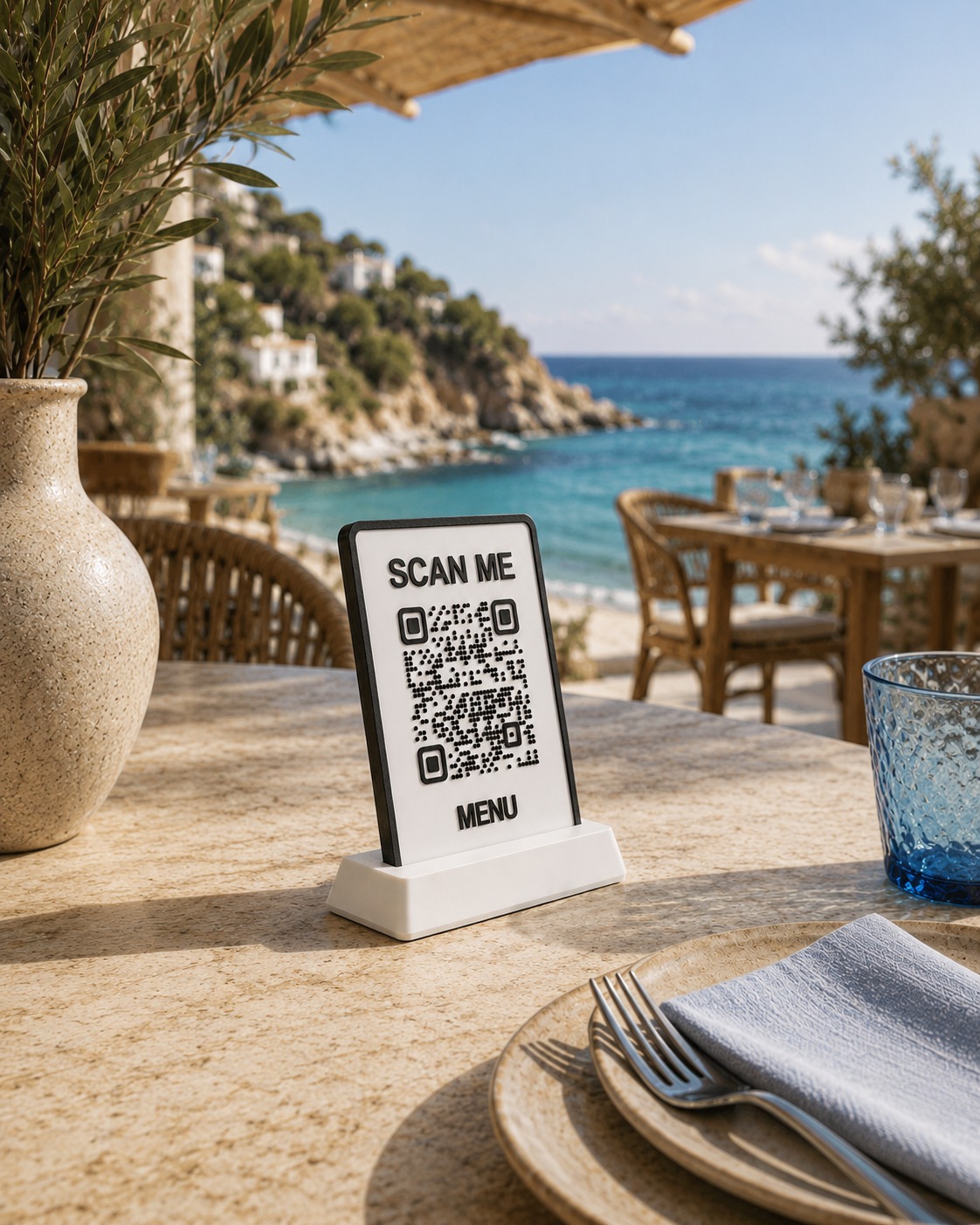 3D printana QR pločica s digitalnim menijem na stolu beach bara uz more