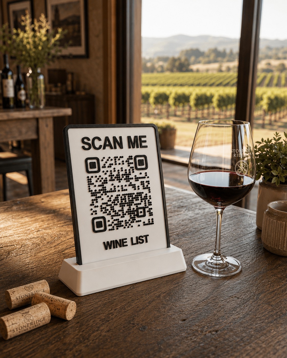 3D printana QR pločica s vinskom kartom na stolu u vinariji