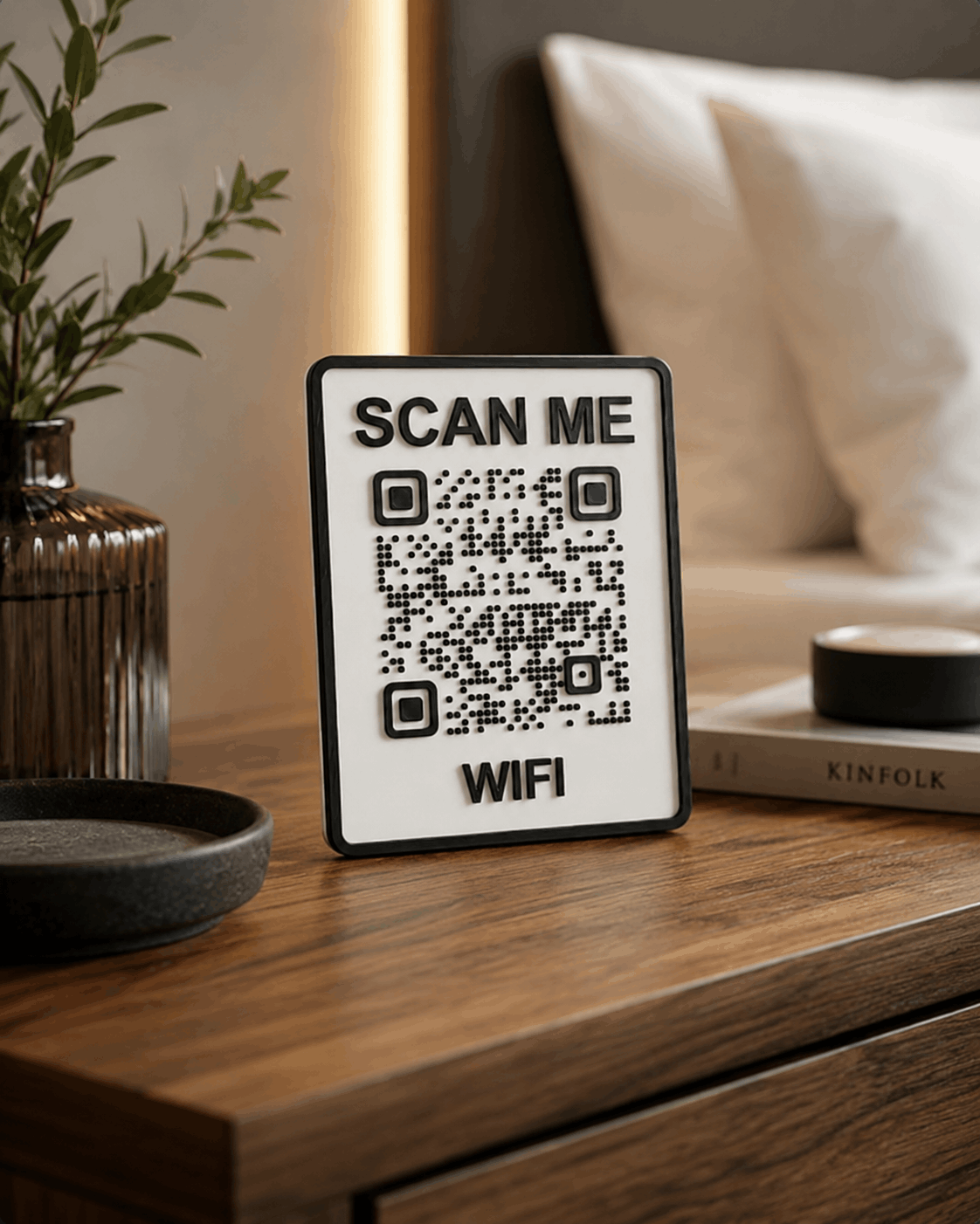 3D printana QR pločica za WiFi na noćnom ormariću u spavaćoj sobi
